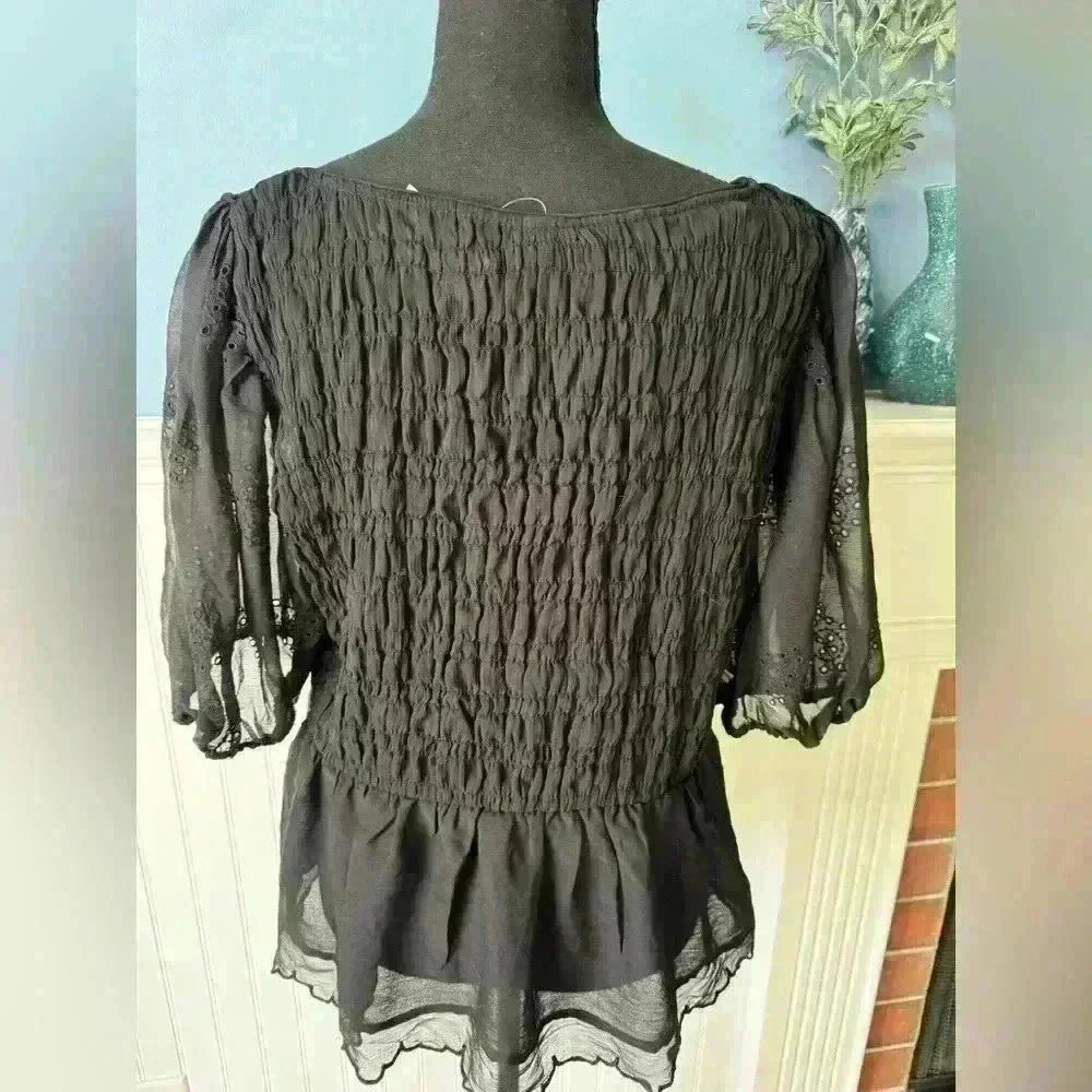 NWT Old Navy Chiffon Smocked Puffed Sleeve Top ~ Black ~ XL